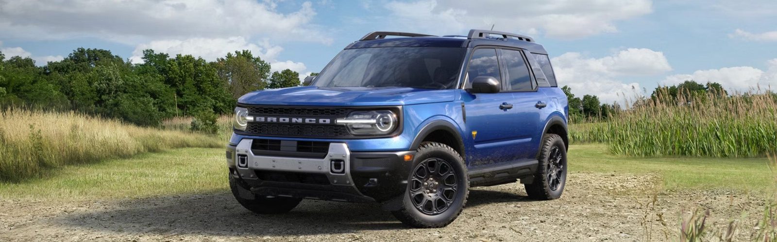 Blue Ford Bronco Sport parked in an open field