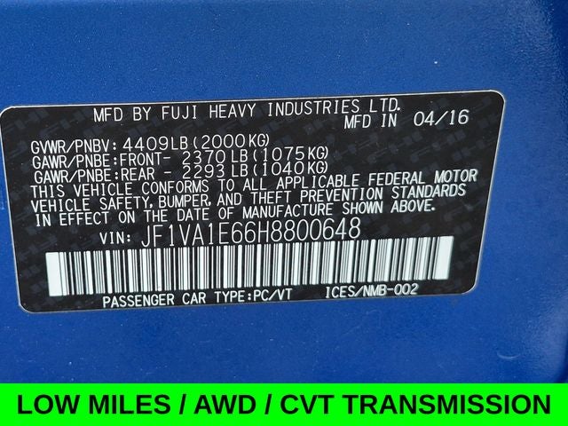 2017 Subaru WRX Premium AWD CVT w/Low Miles