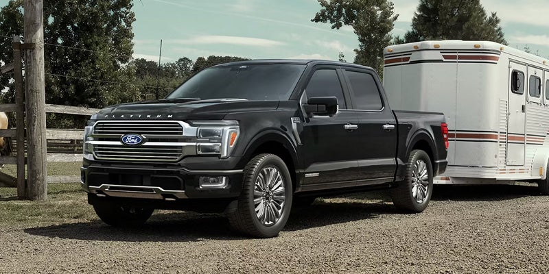 Black Ford F-150 Limited pickup truck towing a horse trailer
